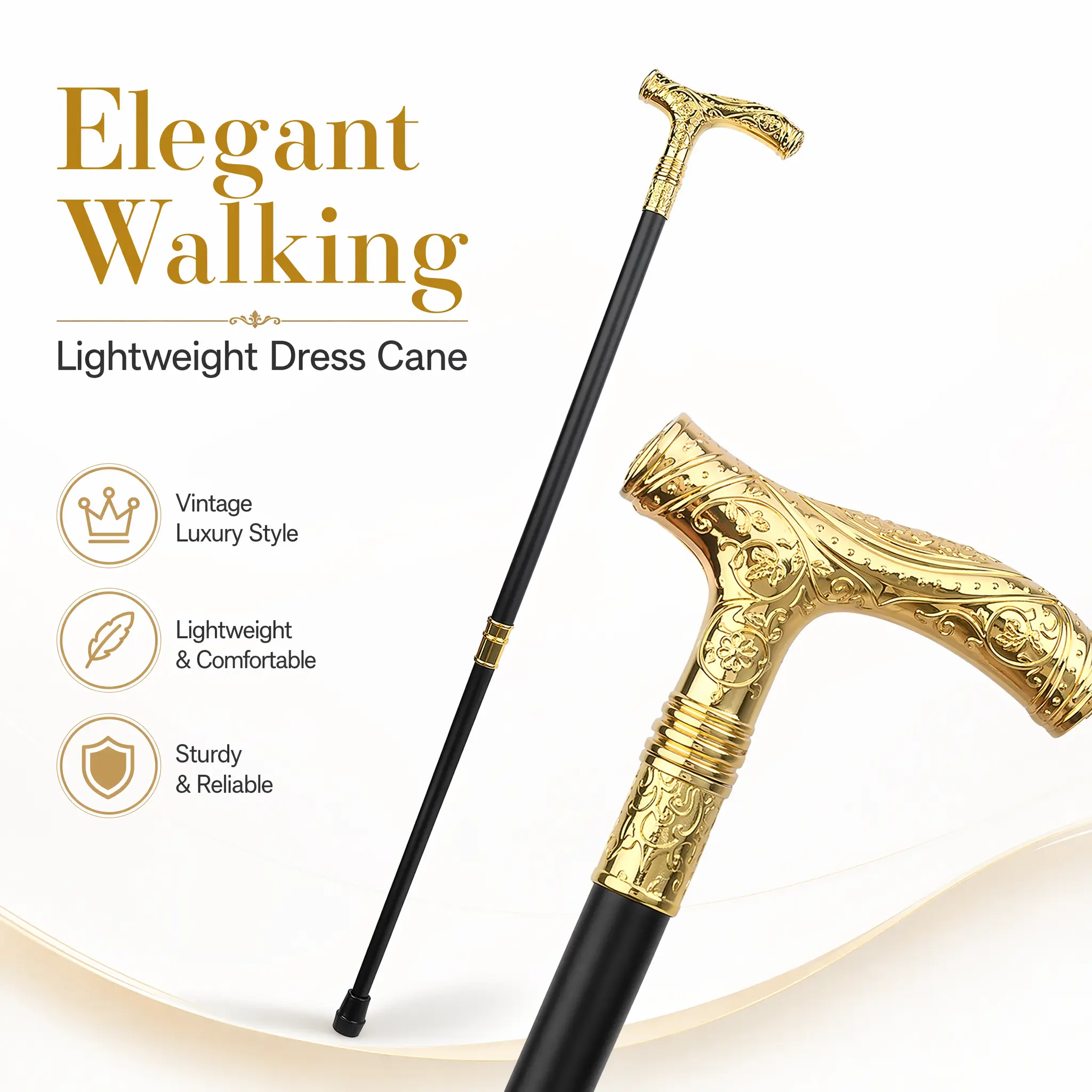 Walking Cane Gold with Bear Carving Sturdy Support Stick for Daily Use Hiking Outdoor Walking