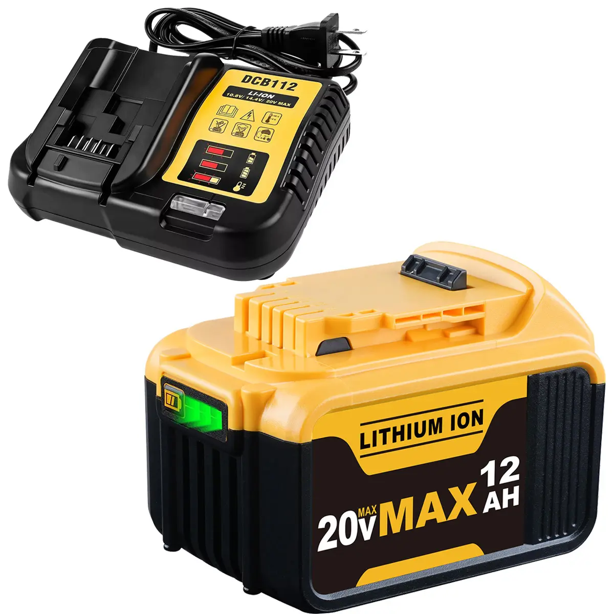 Upgraded 20V Max High-Capacity 12.0Ah (12000mAh) Lithium-Ion Dewalt Replacement Battery & Charger Combo - DCB200 Compatible with 12V/20V DCB112 Station Kit, X*R Batteries, Yes-DCS Tech, Advanced Safety Features for Cordless Tools, Original Performance, Ch