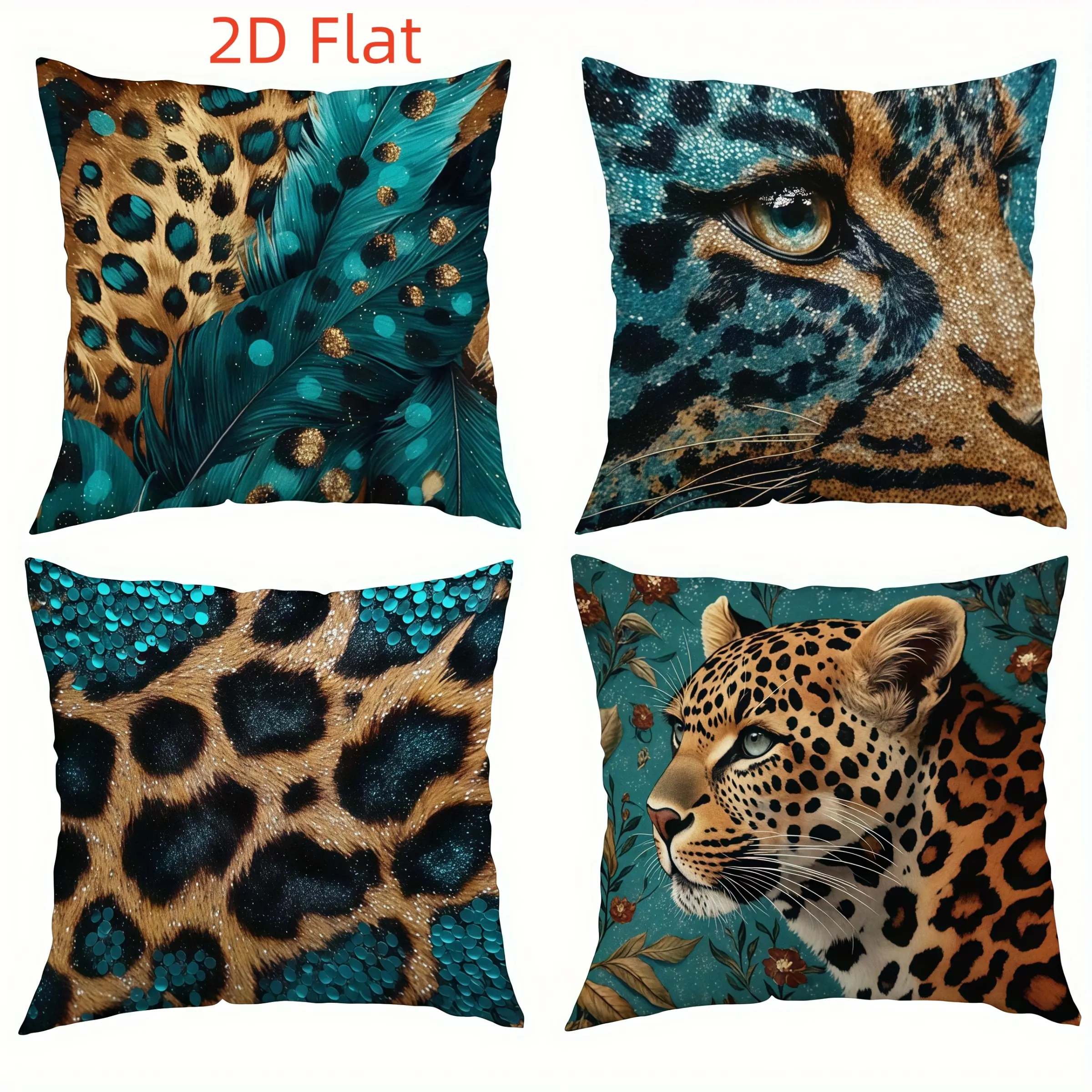 4pcs-Wild Leopard Themed Throw Pillow Covers, Leopard & Feather Accents Pattern Design, Home Décor, Bedroom Decorative Accessories, Placement Living Room, Bedroom Decoration, 2D Flat, Single Sided Printing, No Pillow Core