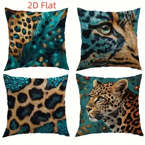 4pcs-Wild Leopard Themed Throw Pillow Covers, Leopard & Feather Pattern Design, Home Décor Products, Suitable Living Room, Bedroom, Sofa and Bed Decoration,  2D Flat, Single Sided Printing, No Pillow Core