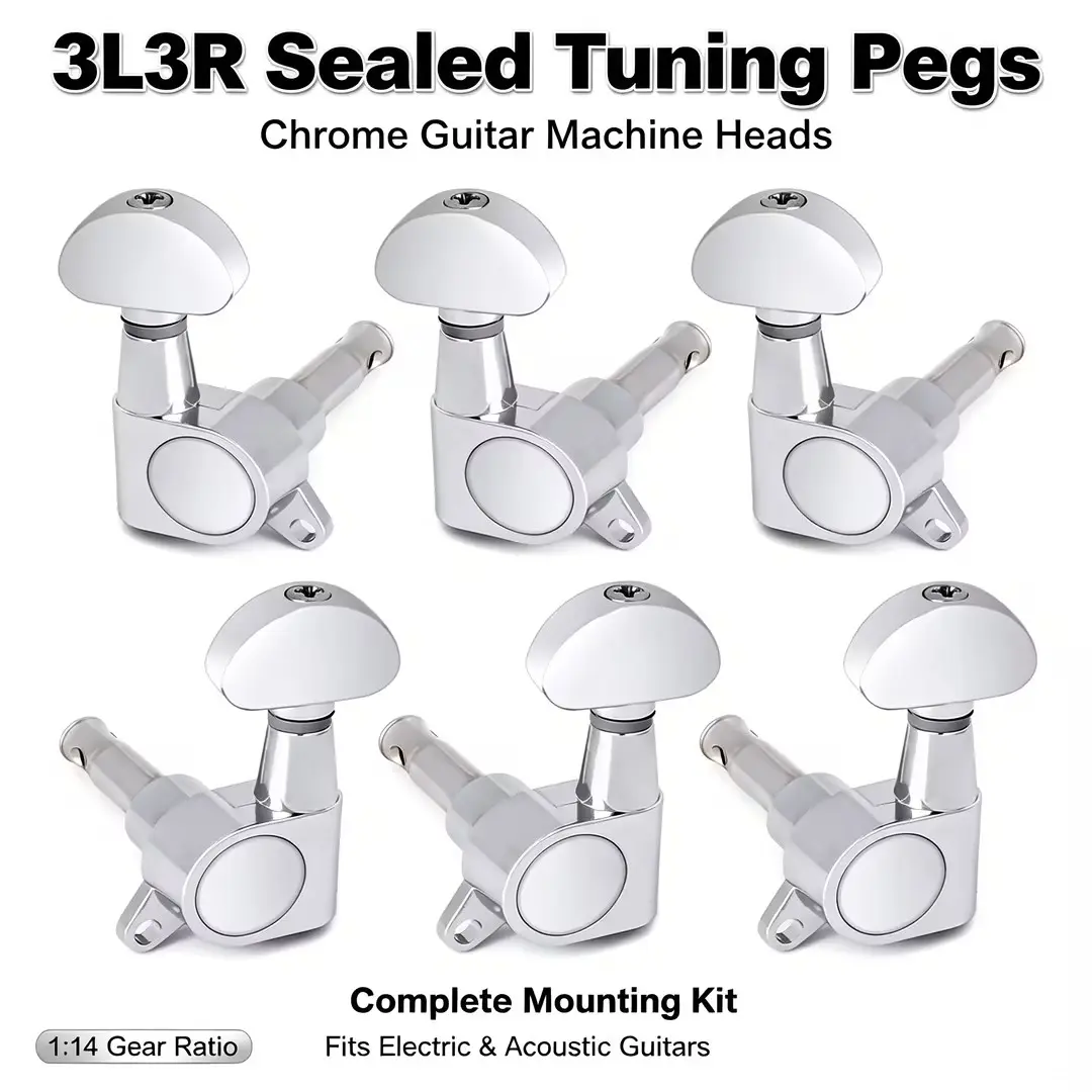 Chrome Sealed Guitar Tuning Pegs 3L3R 1:14 Gear Ratio Die-Cast Machine Heads Half Moon Knobs Complete Hardware Kit Replacement for Acoustic & Electric Guitar