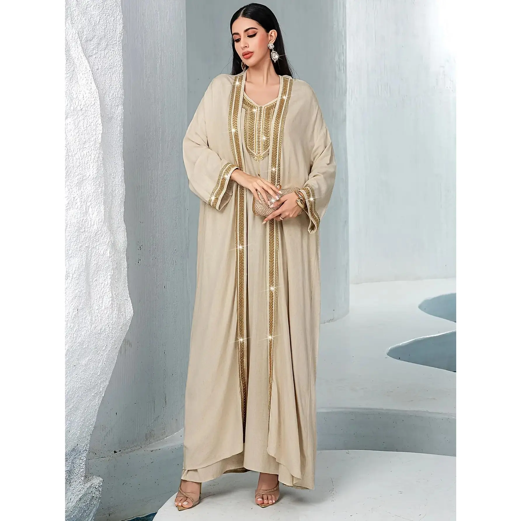 5051 Beige Hand-Stitched Rhinestone Embellished Traditional Two-Piece Set, Abaya + Hijab