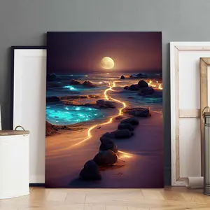Dreamy Moonlit Coast Canvas Print, Modern Art Wall Decor, Solid Wood Frame, Waterproof & High-Definition, Ideal Gift for Home Decoration, Wall Art Painting, Home Decor Products