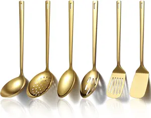 6-Piece Gold Stainless Steel Serving Utensil Set, Buffet Catering Hostess Spoons, Slotted Spatula Turner & Soup Ladle for Party Kitchen Cooking