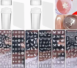 10 Pcs Nail Stamp Template Kit French, Contains 2 Stamper 2 Squeegee 6 Pattern Templates， for DIY Nail Decor Easy French Style Nail Art Designs, Nail Stamper Stencil Plates Set Manicure Nail Supplies