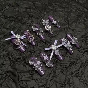 E133 Deep purple handcrafted nail stickers, brilliant all-diamond, sweet, cool, light luxury, colorful and fashionable bow Press on nails