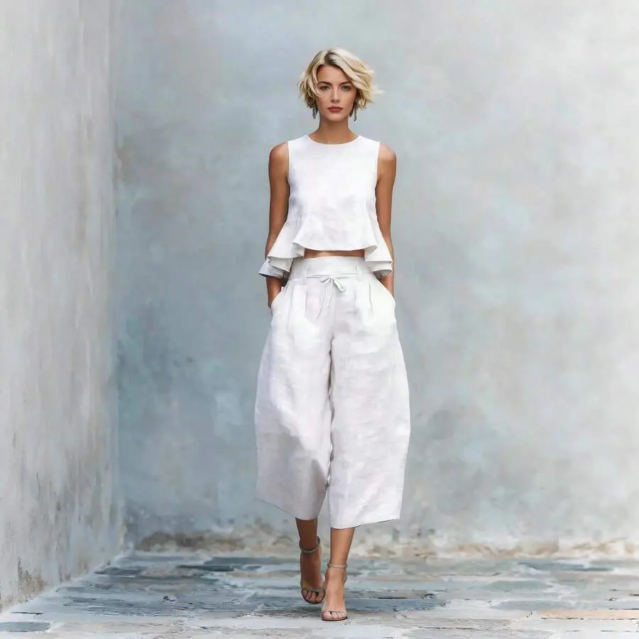 Women's Sleeveless Peplum Crop Top & High Waist Wide Leg Cropped Pants 2 Piece Summer Vacation Outfit Set