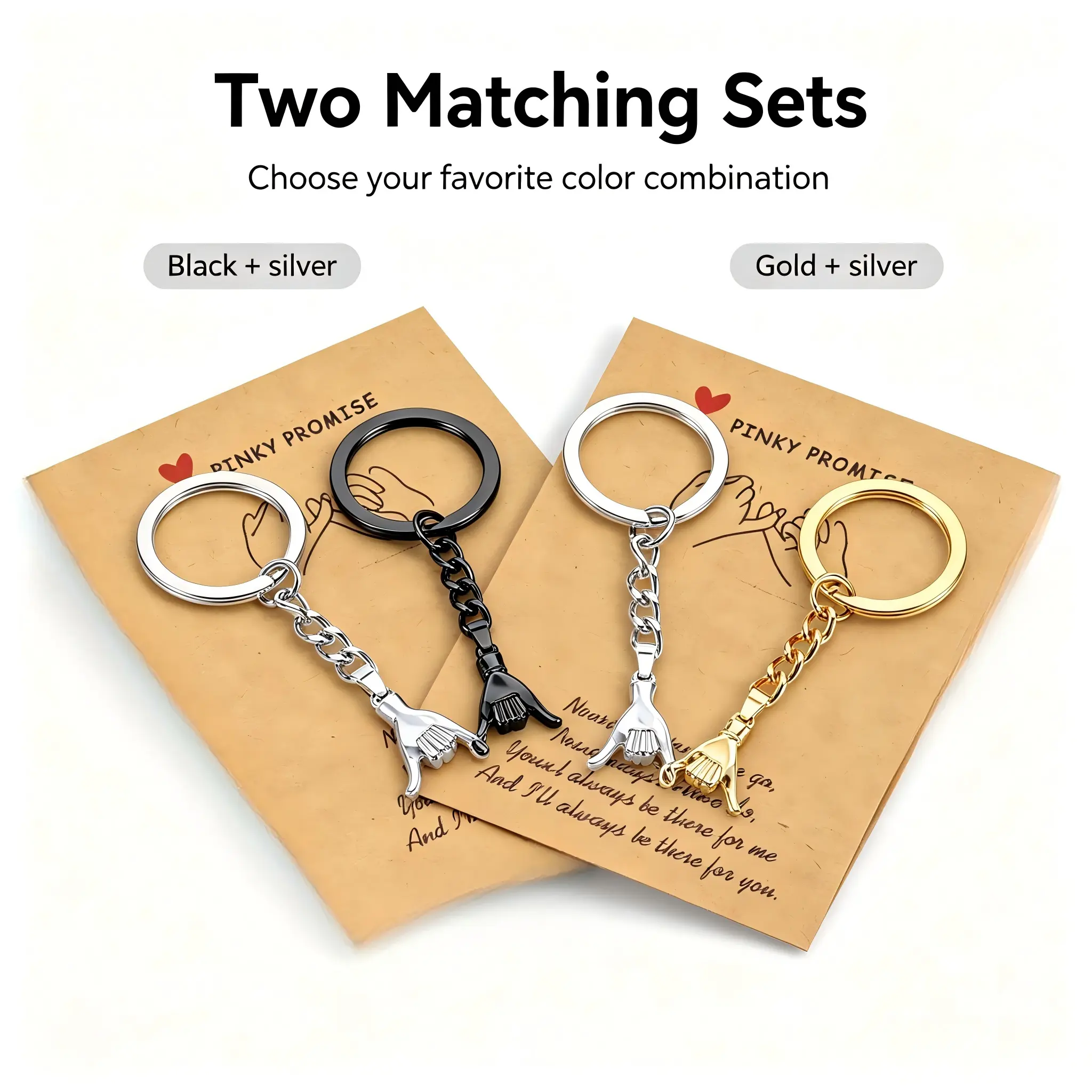 Pinky Promise Elegant Couple Shaped Keychain 2-Piece Matching Set - Romance Gift for Boyfriend, Long Distance Relationship Occasions, 2 piece sets, Valentine's, Anniversary, Couple Shaped Keychains, Metal, Commemorative, Multipack, Plain, Engraved Sentime