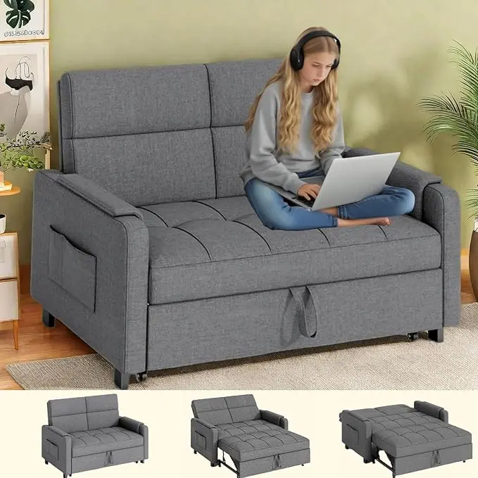 GIZOON 3-in-1 Convertible Linen Futon Sofa Bed, 51.2" Loveseat Sleeper with Pull-Out Couch, Adjustable Backrest, Side Pocket, for Living Room Sofas & Apartments, Sofas Living Room