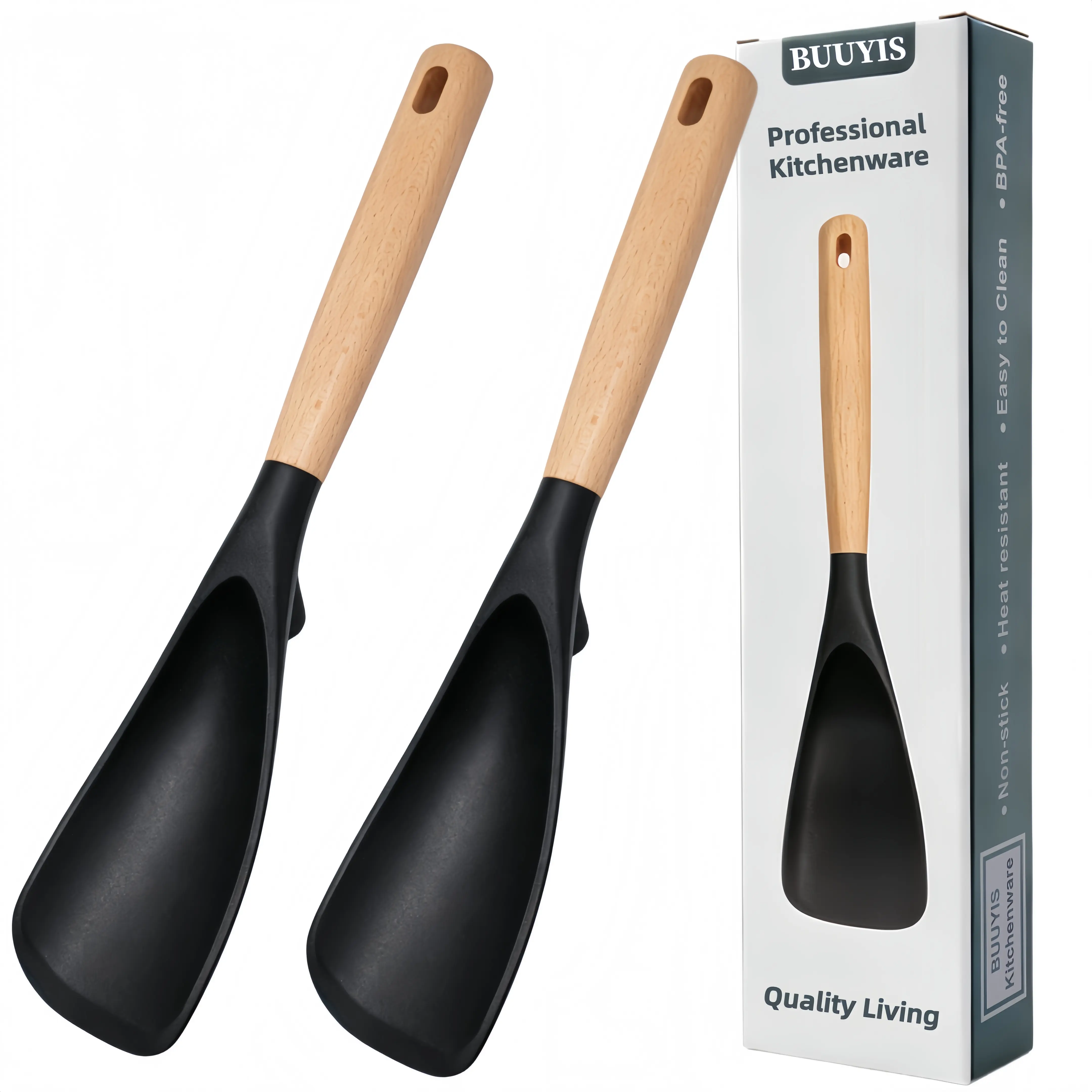 BUUYIS Professional 2pcs Kitchenware Nonstick Safe Silicone Spatulas with Wooden Handle, Heat-Resistant BPA-Free Utensils for Home Cooking Quality Living