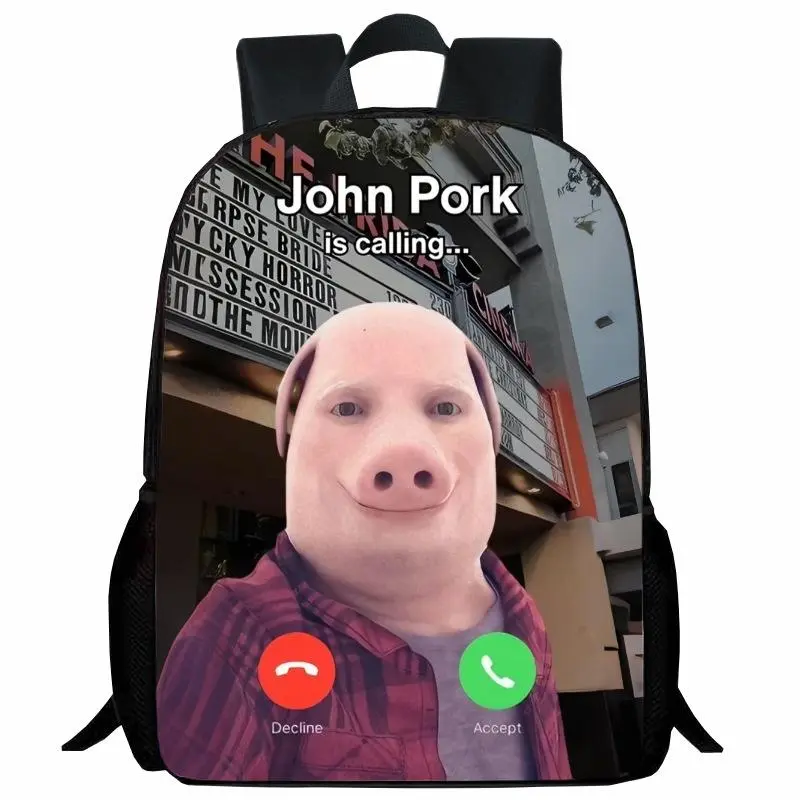 Funny John Pork Meme Print Backpack Cartoon Weird Pig Graphic Large Capacity Primary School Students School Backpack