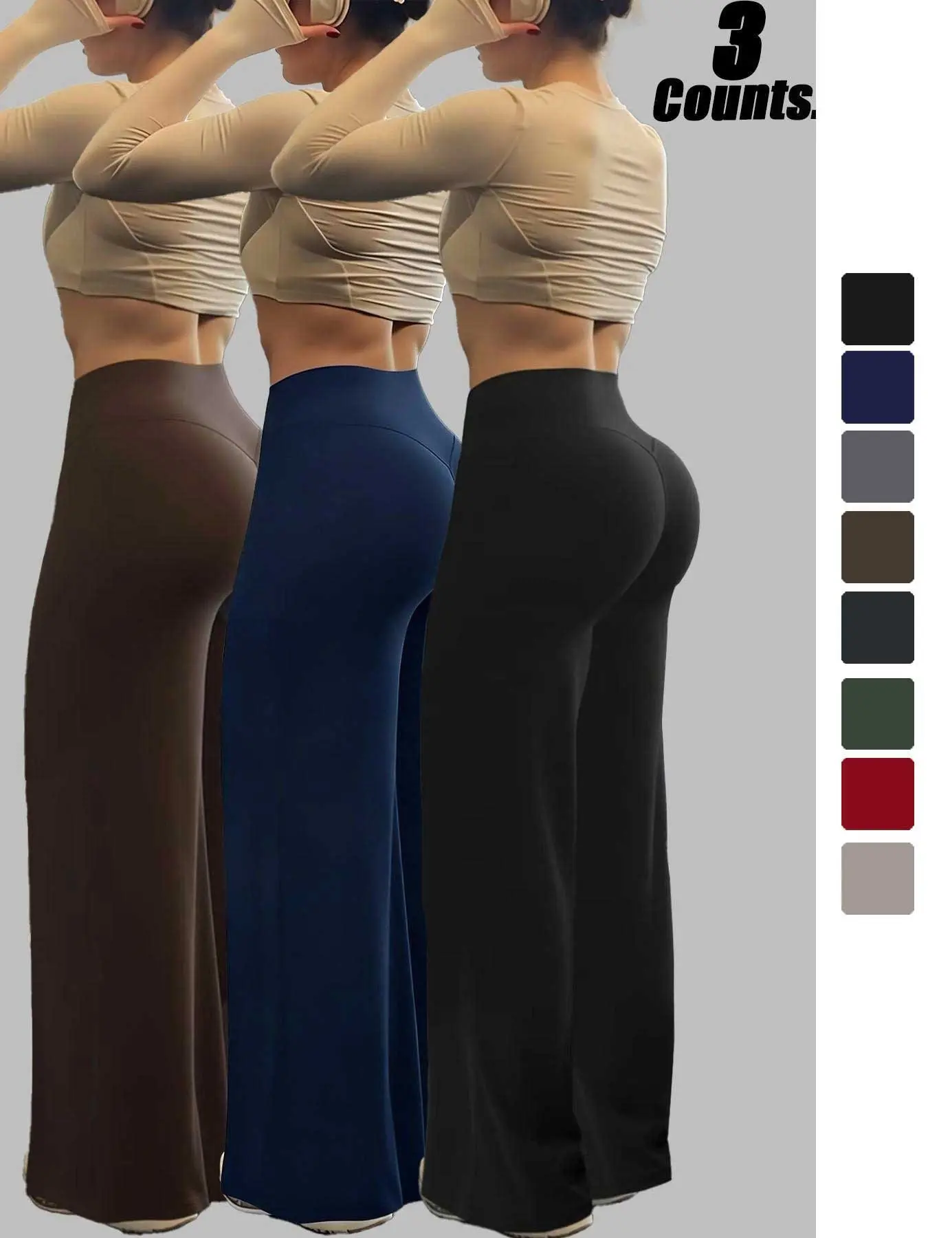 Women's High-Waist Wide-Leg Trousers, Elastic-Waist Breathable Yoga Pants, Everyday Casual Womenswear, All-Season Plain Design, Fashionable and Comfortable Lounge Pants, Casual Loose Bottoms