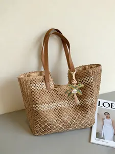 1pc Ladies' vacation-style openwork rattan tote bag, featuring a fresh beach aesthetic with coconut tree ornament details, suitable for beach trips, casual outings, and vacation occasions, Bohemian Straw Bag, Boho Straw Bag