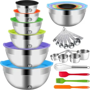 27PCS Mixing Bowls with Lids, Stainless Steel Nesting Bowls, Measuring Cups Spoons Whisk for Baking Cookware