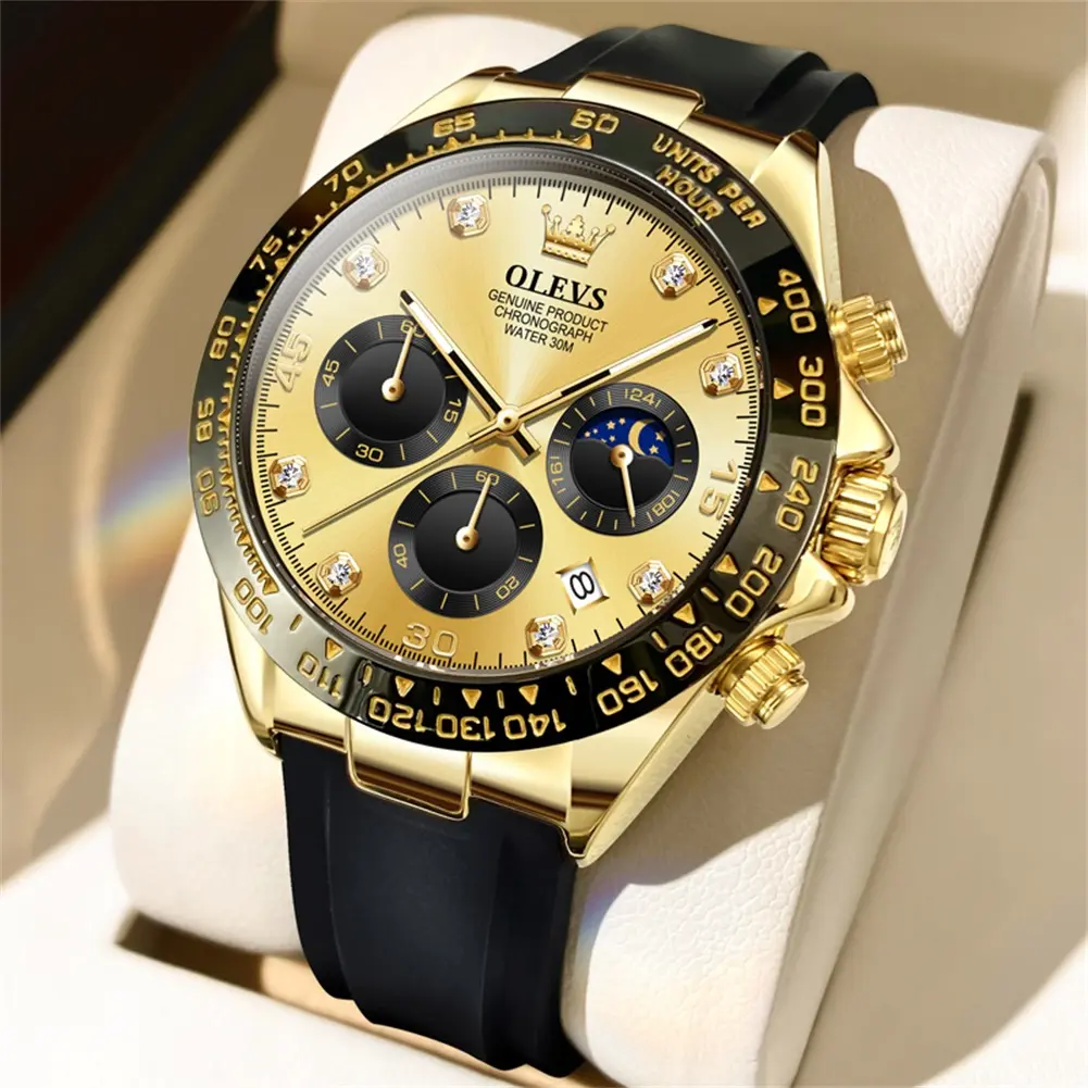 OLEVS Watches for Men Waterproof Chronograph Analog Multifunction Moon Phase Silicone Diamond Luminous Wrist Watches 2875