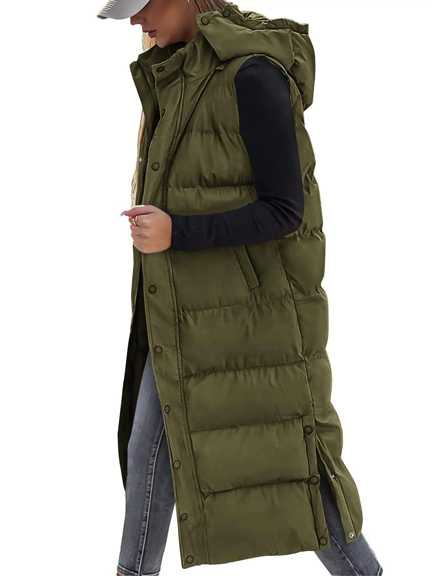 BTFBM Women's Long Puffer Vest with Quilted Hood and Button Down Closure for Winter Coat 2026 - Tops, Womenswear