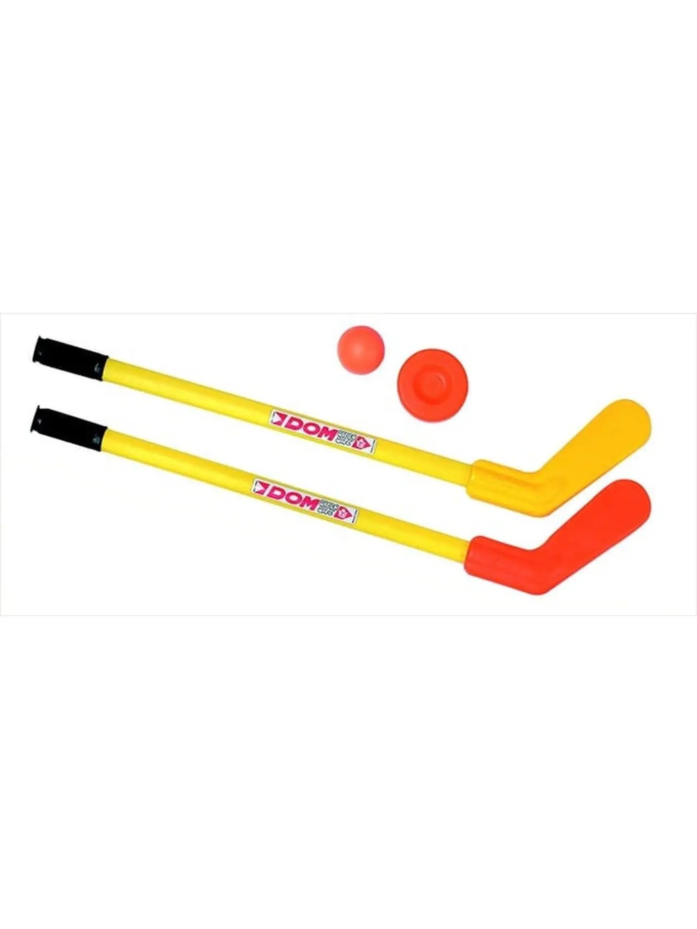 Super-Safe Floor Hockey Set for Hockey Play - 10x36 in. Polyethylene Sticks with Oval Shafts, Anti-Slip Grip, High Degree of Flexibility, Better Control, 2 Pucks, 2 Balls, Without Shaft Fatigue