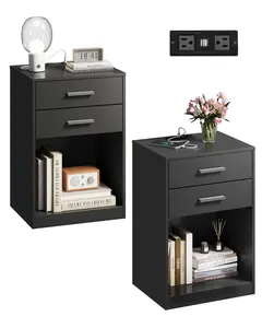 WLIVE Nightstand Set of 2 with Charging Station, Wood Night Stand Sets with 2 Drawers and Open Shelf, Bed Side Tables Bedroom, Living Room