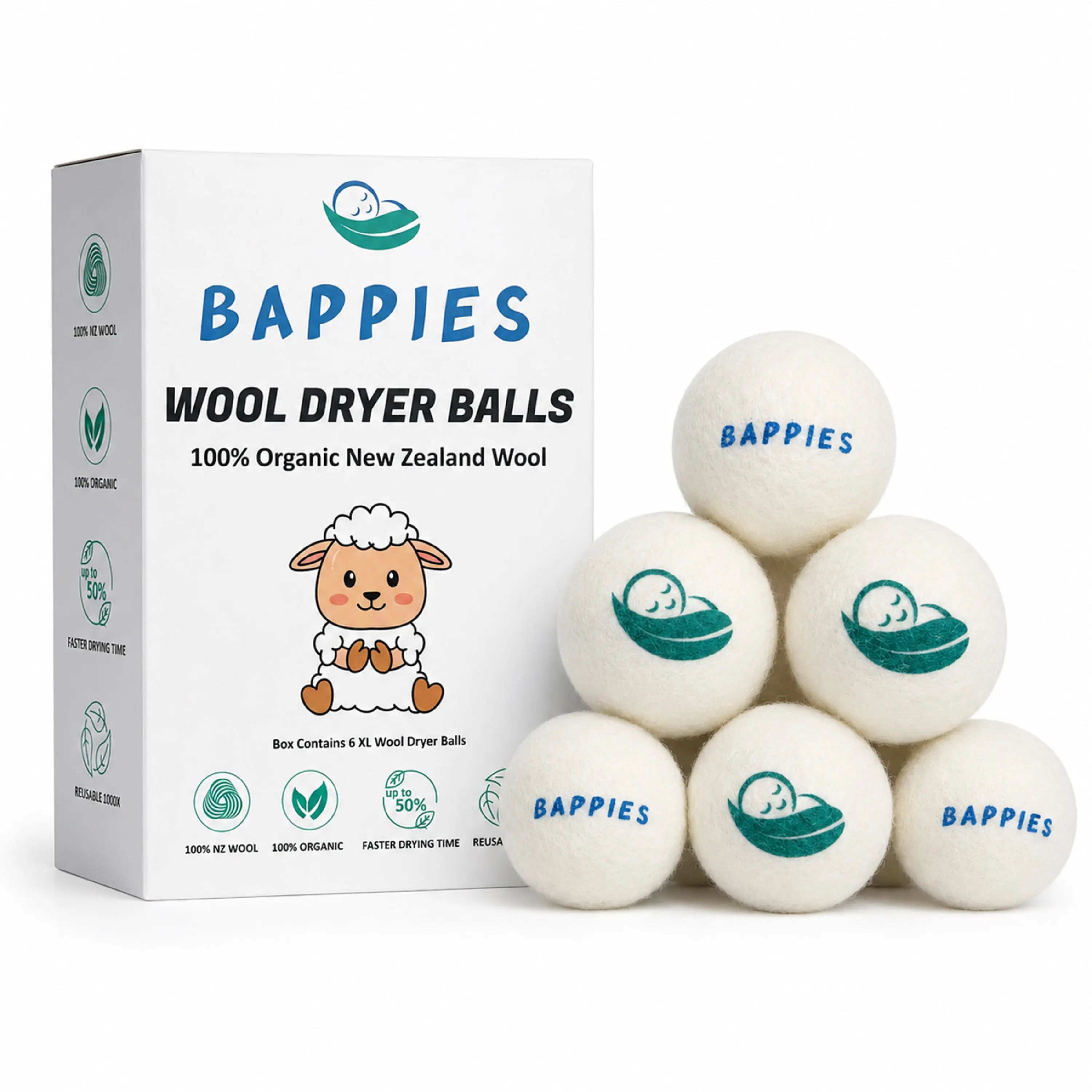 Bappies Wool Dryer Balls, 100% New Zealand Wool, Natural Fabric Softener, Reusable Dryer Balls, Reduces Drying Time, Softens Laundry, Fragrance-Free, Plastic-Free