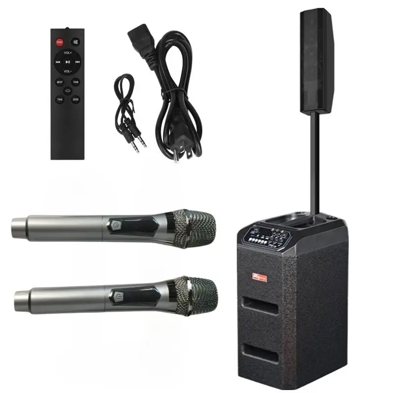 Line Array Column PA System: 8" DJ Speaker with 2 Wireless Mics, Bluetooth & TWS for Home Karaoke & Outdoor Party - Black
