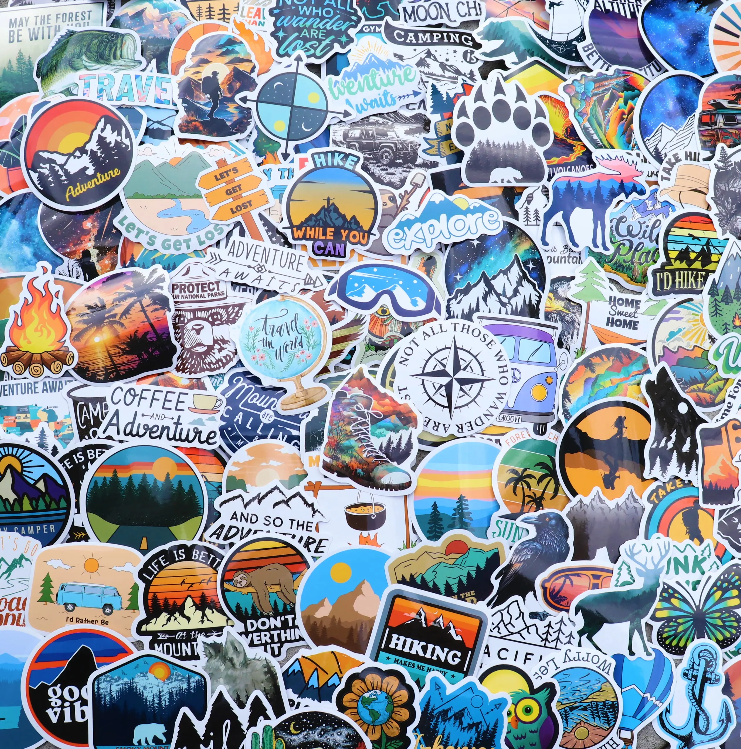 200 Pcs Outdoor Hiking Waterproof Vinyl Decals, Strong Sticky Labels & Stickers for Laptops, Water Bottles, Cars, Luggage, Camper Supplies with Multiple Uses