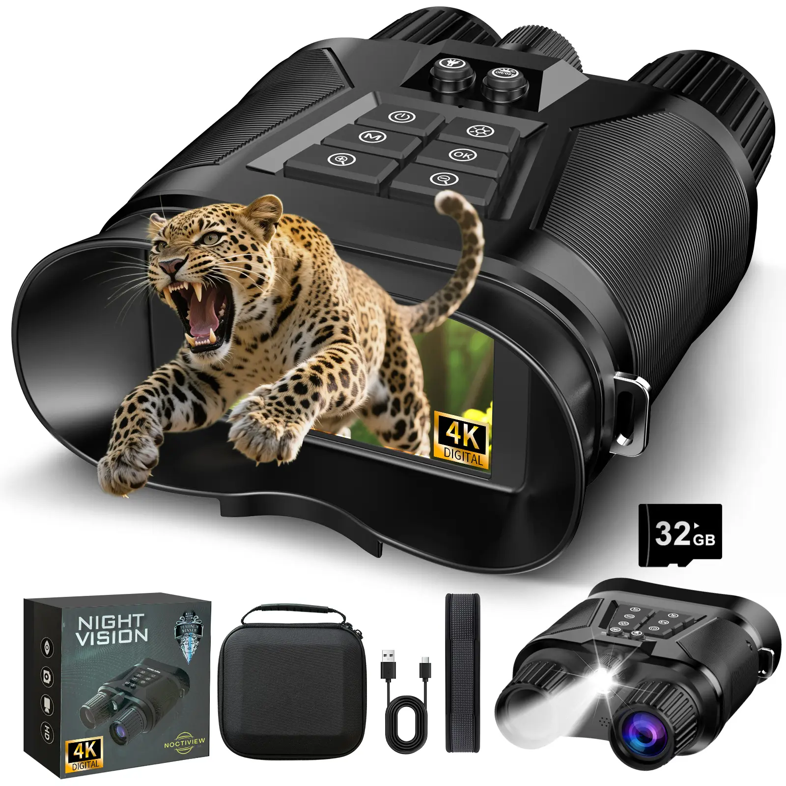 Night Vision Goggles, 3.2” HD Screen, 2625FT View Range, 5000mAh Battery, 7 IR Levels, 8X Zoom, 128GB - 4K Night Vision Binoculars Gift Set with Compass for Wildlife and Security