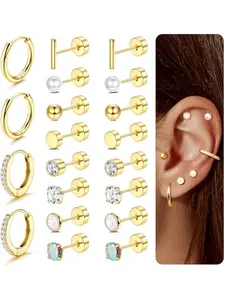Hypoallergenic Flat Back Earrings, Surgical Steel Earrings, & Silver Color Steel Studs, Small Hoops for Cartilage & Tragus, Unisex Jewelry Set