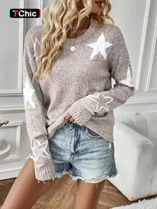 Women's Star Print Drop Shoulder Sweater, Casual Long Sleeve Round Neck Jumper for Fall & Winter, Fashion Ladies' Knitwear for Daily Wear, Tops