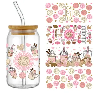 5pcs/set Cafecito Y Chisme UV DTF Cup Wraps Decals Transfer Printing Self-adhesive Stickers, Crafts Cup Stickers, for Mug Water Bottle Cup, DTF Transfer Sticker for 16oz Glass Can Wrap, 3d Crystal Label, DIY Wrap Transfer