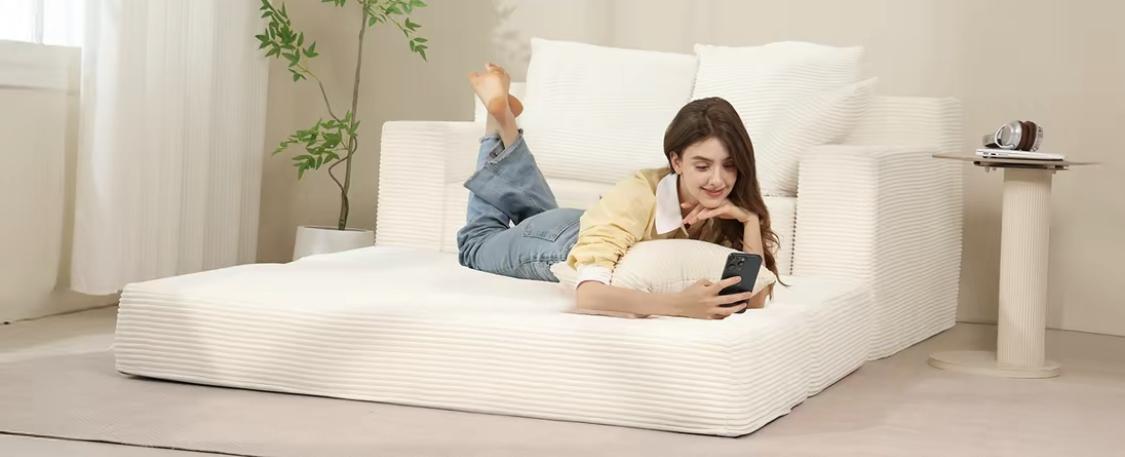 Winzoo 3-in-1 Corduroy Convertible Sofa Bed, Folding Futon with 4 Pillows & High-Density Foam