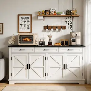 61” Large Sideboard Buffet Cabinet with 4 Doors and 3 Drawers, Farmhouse Buffet Table, Dining Room Storage Cabinet for Kitchen or Living Room, White