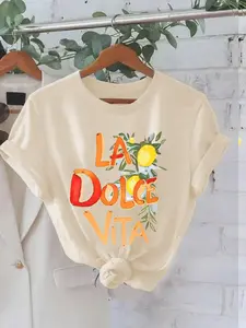 Women's Milk Silk Fabric Short Sleeve Lemon Print Fitted T-Shirt, Comfortable Breathable, Casual Fashion for All Seasons