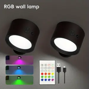 [Rechargable RGB Wall Light] 1pc/2pcs With Remote Control, 360 Rotating, Wall Lights, Christmas Lights, Black Wall Lights, For Home, Dormitory, Wardrobes, Corridors, Stairs, Bedrooms, Desks