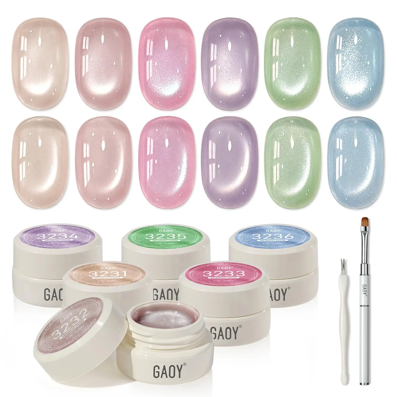 GAOY Sheer Silk Cat Eye Gel Nail Polish Set 6 Colors, Mermaid Prism | Jelly Pink Blue Green Holographic, for Salon Manicure & Nail Art DIY at Home
