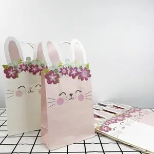 10 pcs Easter Pink Rabbit Kraft Paper Bag Gift Bags with Handles | Ideal for Birthday, Party, Festival, Wedding, Shopping, Easter Celebrations - M
