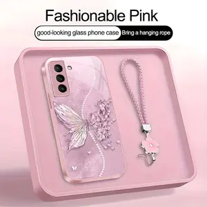 Suitable for [Galaxy S21+ 5g] high-end phone case，a beautiful four-leaf clover lanyard is included,exquisite and dreamy butterfly pattern,a variety of colors are available for you to choose from YM99