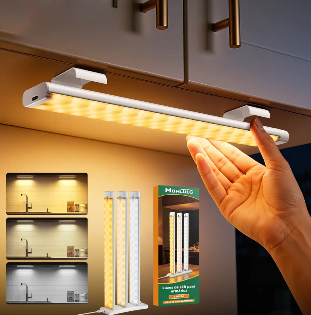 USB-C Rechargeable Hand Wave Sensor Under Cabinet LED Lamp - 2-Way Self-Adhesive Stepless Dimmable No-Drill Stick-On for Kitchen, Wardrobe, Led Lights Bedroom