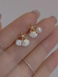 French Style Oceanic Shell Starfish Earrings, Pearl Unique Design Ear Jewelry, Vacation Chic Earrings, Daily Commute Versatile Earrings, Pearl Embellished