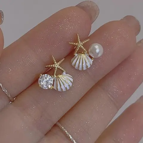 French Style Oceanic Shell Starfish Earrings, Pearl Unique Design Ear Jewelry, Vacation Chic Earrings, Daily Commute Versatile Earrings, Pearl Embellished, Fashion Earring