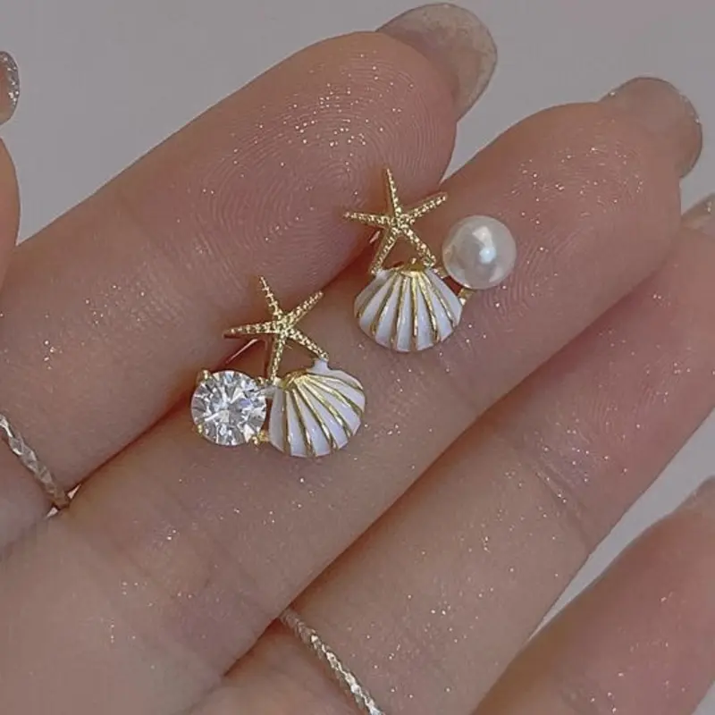French Style Oceanic Shell Starfish Earrings, Pearl Unique Design Ear Jewelry, Vacation Chic Earrings, Daily Commute Versatile Earrings, Pearl Embellished, Fashion Earring