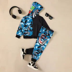 Cool Shark Camouflage Boys' Tracksuit – Hooded Jacket with Zip & Matching Pants 2Pcs Cloths for 4-7Y Kids,Ready Stock 12407066