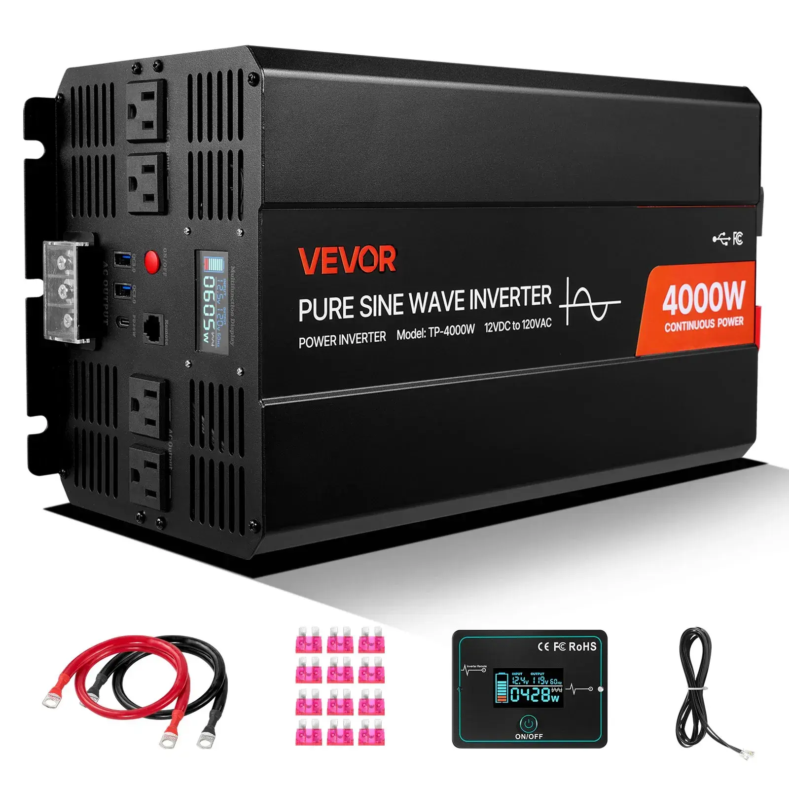 【summerfinds】VEVOR 4000W/1500W Power Inverter, 12V DC to 120V AC Pure Sine Wave Inverter, Solar Car Charger Converter with LCD Display, Remote Control, 2 USB Ports, 4 AC Outlets, Type-C Port, for RV, Truck Outdoor