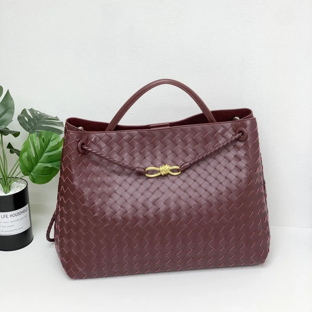 Fashionable new style bowknot metal buckle woven bag for women, genuine leather large capacity tote bag, shoulder bag