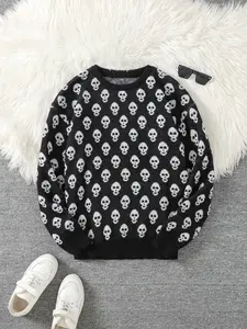 Men's Fall Winter Casual Knit Sweater, Fitted Round Neck Pullover with Halloween Skull Print, Moderate Fabric, Perfect Gift Idea