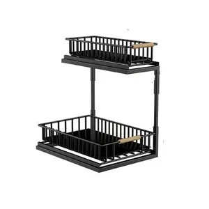 【Local Shipping】2-Tier Pull-Out Under Sink Organizer | Adjustable Height Metal Storage Shelf | Thickened Frame for Kitchen/Bathroom | Slide-Out Cabinet Organizer for Pantry/Laundry | Space-Saving Black Design