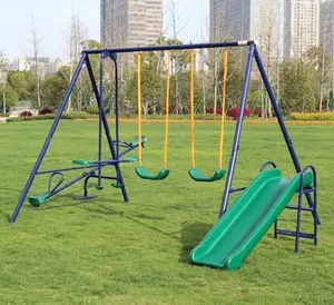 SAVEYOUR 4 in 1 Backyard Swing Set, Multifunctional Play Set with Slide, Seesaw, Belt Swing & Glider, Weather Resistant Outdoor Playground