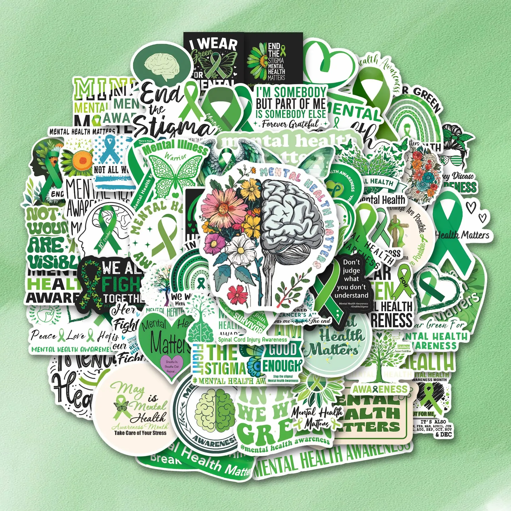 63Pcs Mental Health Stickers Pack, Waterproof Green Ribbon Awareness & Therapy Quote Vinyl Decals for Laptop, Water Bottle, Journal & Scrapbook, Mental Health Advocate Gift, DIY Sticker, Diy Art Stickers, Stickers Kit, Sticker Collage Pack