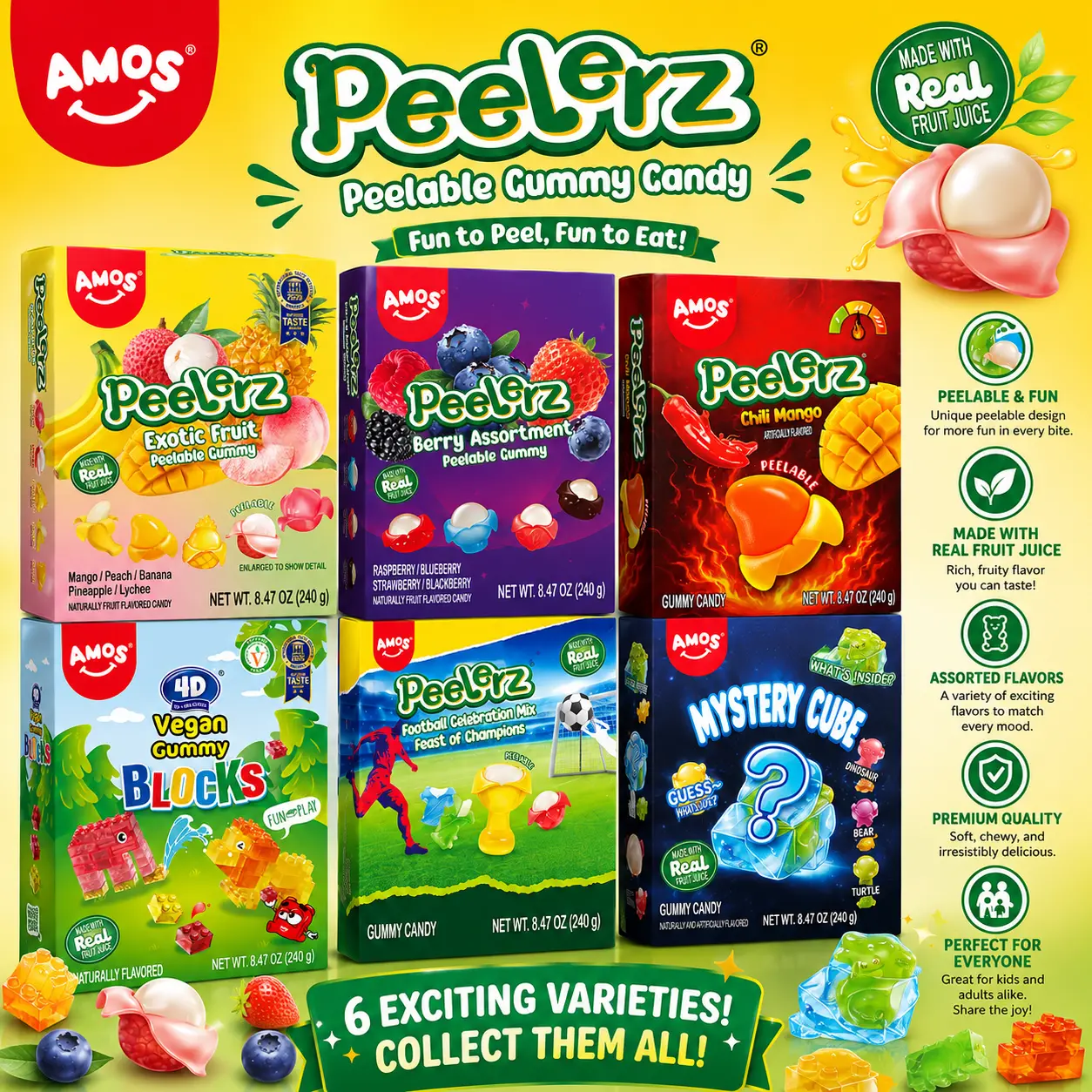 (live)AMOS Peelerz Peelable Gummy Candy Variety Pack, 6 Exciting Flavors, Made with Real Fruit Juice, Soft Chewy Fruity Gummies, Fun Candy Gift for Kids & Adults, 8.47 oz Boxes
