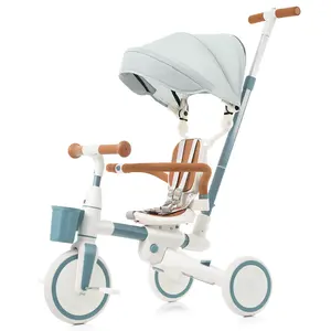 DOMISO Blue 7 in 1 Baby Tricycle, Toddler Tricycle with Removable and Adjustable Push Rod, Toddler Push Bike with Removable Pedal, Canopy, and Guardrail