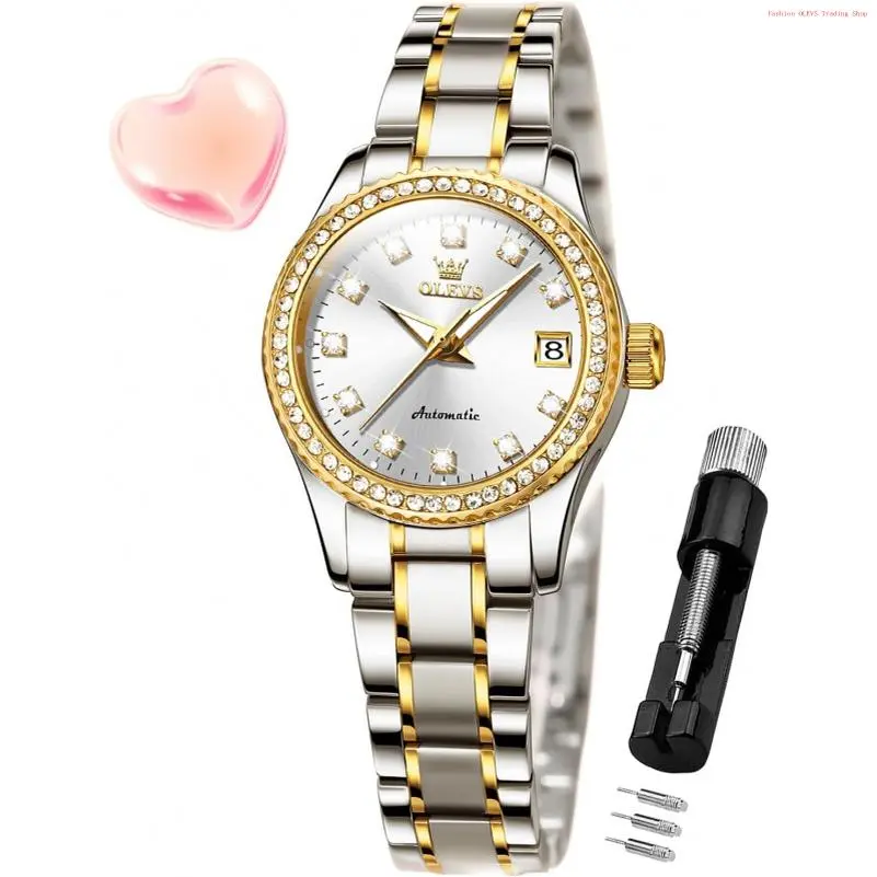 Fashion Brand OLEVS Womens Automatic Watch Diamond Fashion Luxury Dress Mechanical Self Winding Stainless Steel Ladies Wrist Watches for Women Luminous Waterproof